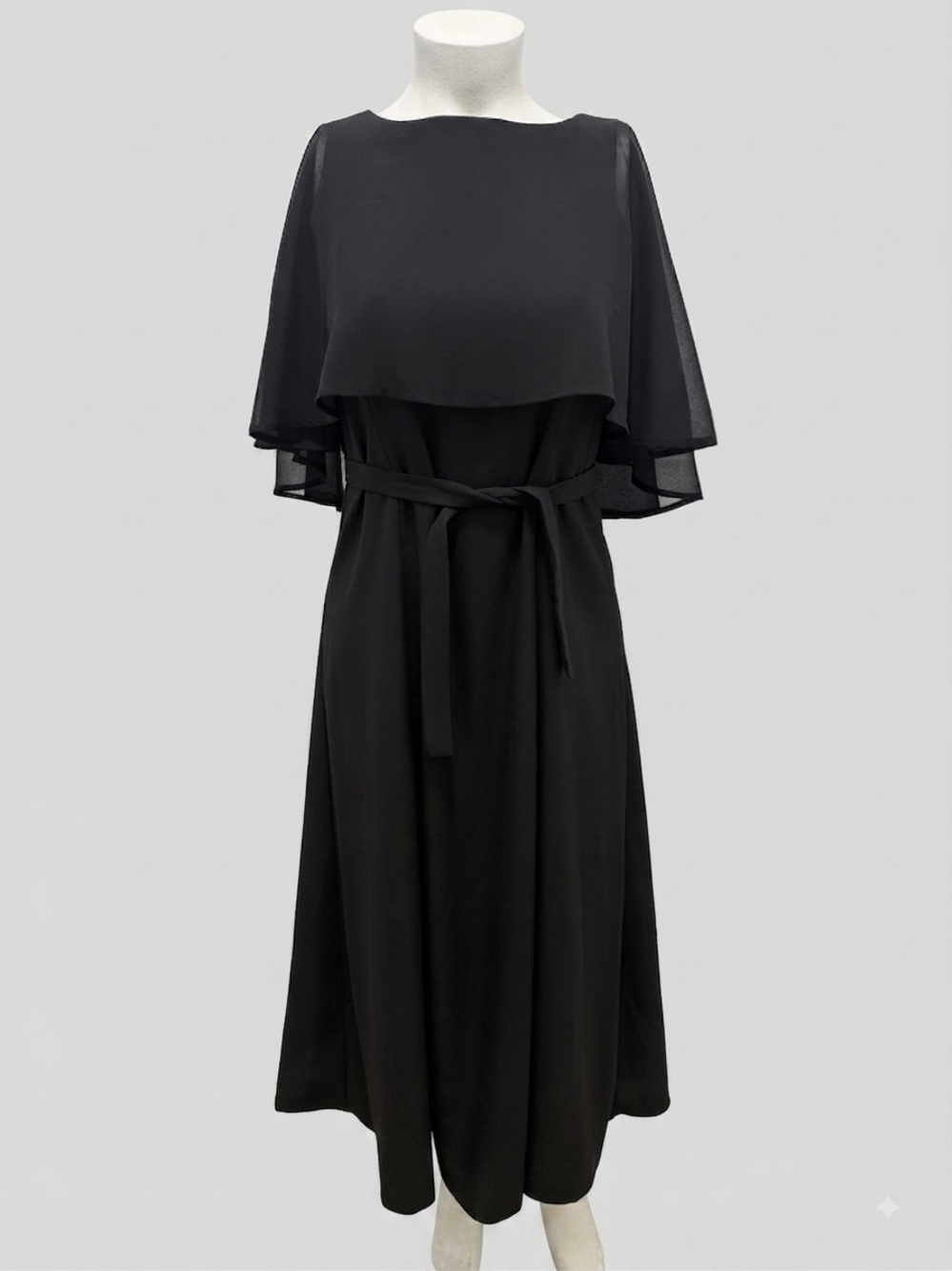 Cousin’s Concert Attire Black Belted Maxi Dress Sz 14 Sheer Cape Sleeve